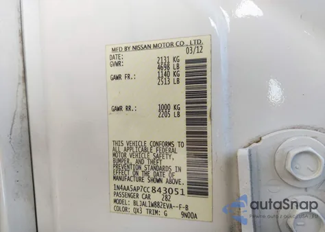 2012 Nissan Maxima 3.5 Sv z USA, uszkodzony, nr VIN 1N4AA5AP7CC843051